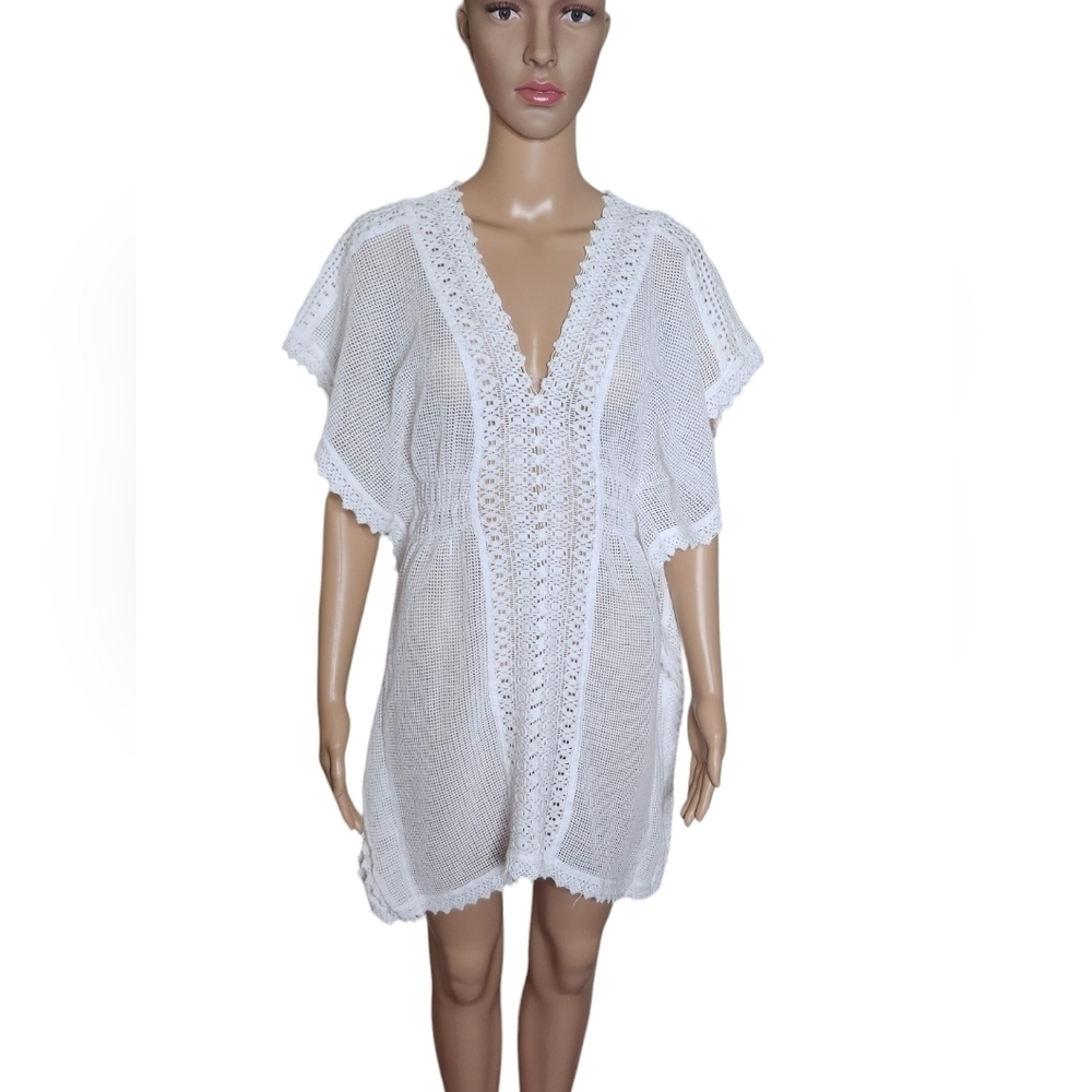 Sea Spice resort wear women's white Crochet knit lace swim cover up dress Sz L